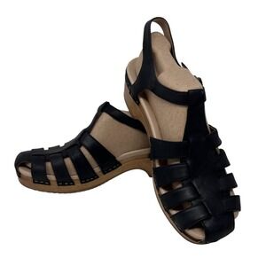 Dansko Brie Black Leather Fisherman Slingback Platform Sandals 41 / US 10.5 Boho